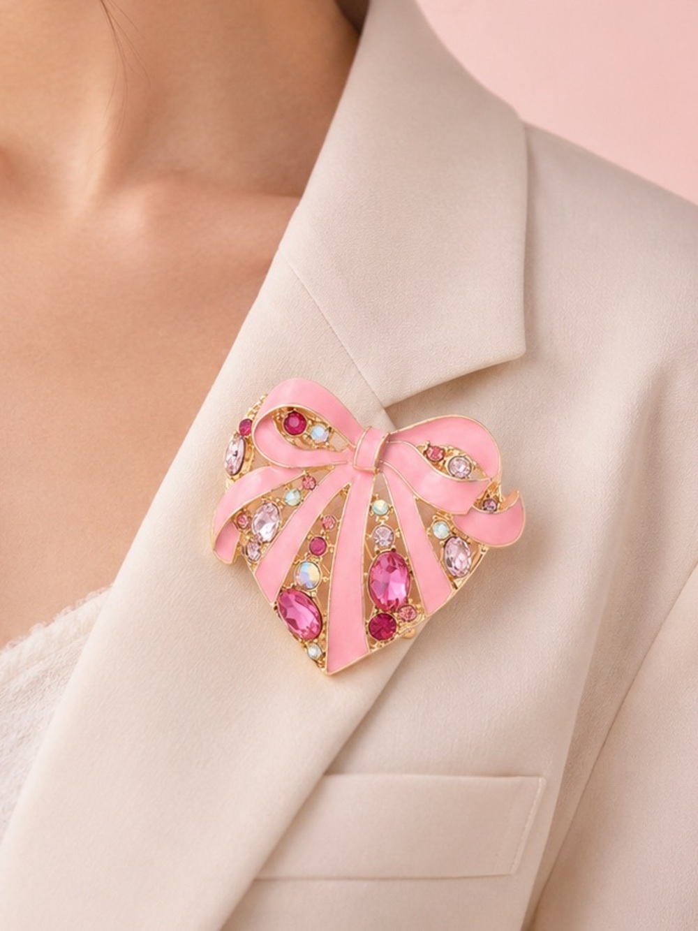 Pink Bow Heart Crystal Brooch
